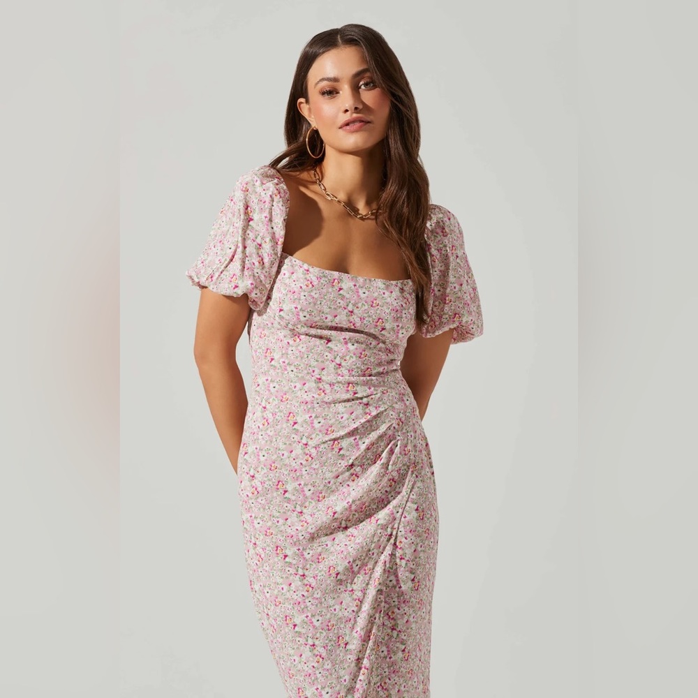 ASTR Floral Square Neck Slit Front Midi Dress